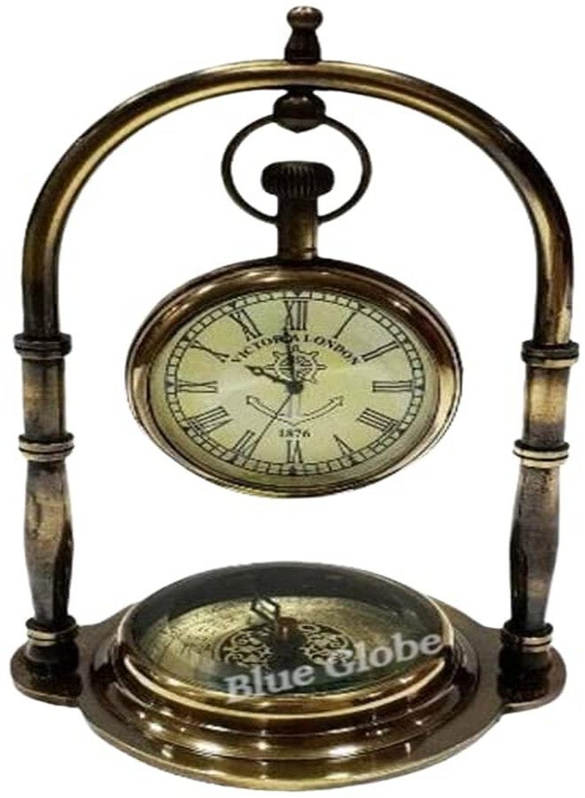 Blue Globe Antique Brass Desk & Shelf Clock with Compass Base, Vintage Look Table Clock, Style Maritime Ship Desk Gift, Table Clock, Brass Desk Clock (Roman Dial) - Image 4